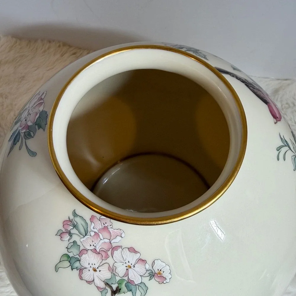 Lenox Serenade Globe Vase 24K Gold Trim Pink Flowers Bird ~ Vintage Hand Painted